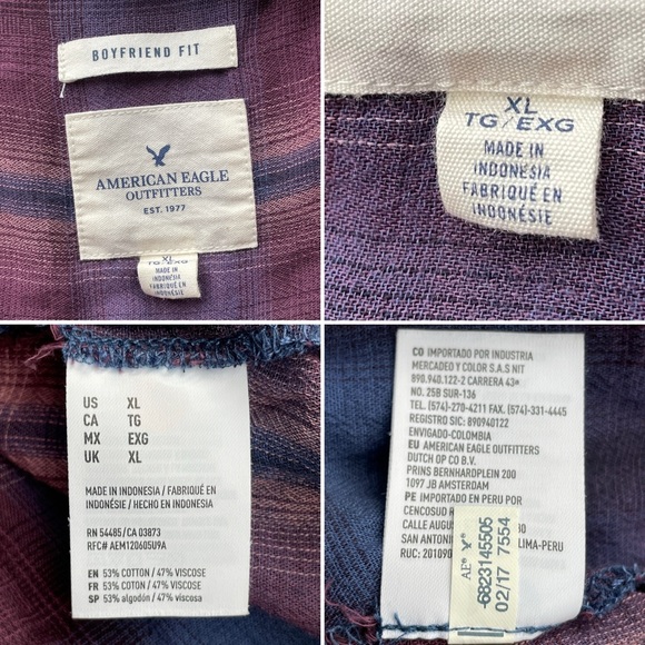 American Eagle Outfitters Boyfriend Fit Purple Blue Plaid Button Up Shirt - XL - Picture 5 of 5